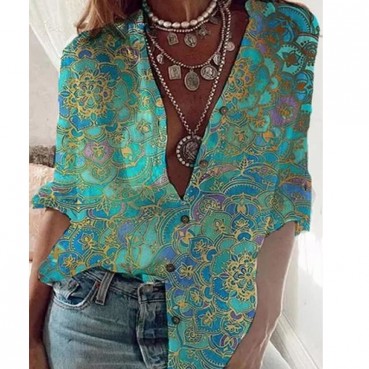 Independent station new 2021 spring and summer floral lapel long-sleeved women's shirt MP-678