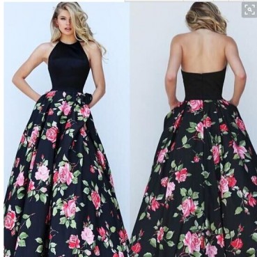 New European and American hanging neck printing big swing dress long dress women 417