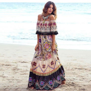 New European and American women's bohemian print dress, one-word strapless beach holiday skirt