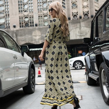 New European and American sexy V-neck ruffled short-sleeved geometric ladies long dress