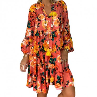 New style printed long-sleeved large-length dress European and American women's fashion plus size dress