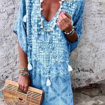New boho style sexy V-neck printed fringed dress