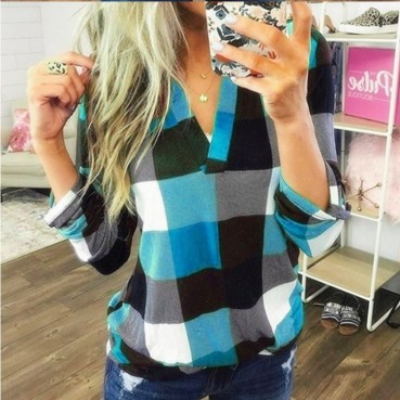 European and American women's hot sale spring and autumn shirts plaid printed V-neck long-sleeved tops T-shirts