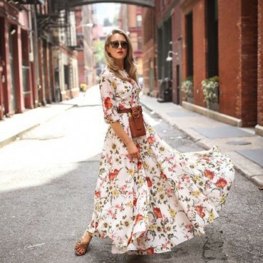 Spring and Autumn Women's New Style Bohemian Printed Chiffon Long Skirt Round Neck Sleeve Large Sleeve Waist Waist Dress