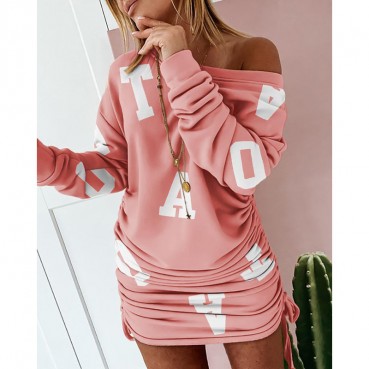 Spot the new European and American women's color contrast printing round neck long-sleeved dress
