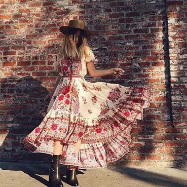 New bohemian print one-shoulder fringed short-sleeved dress long skirt