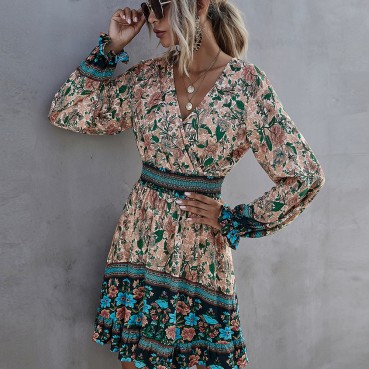 European and American women's high waist ruffled A-line skirt casual temperament bohemian print dress
