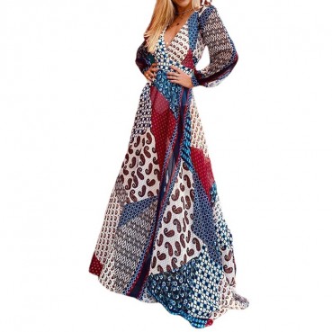 European and American women's 2021 new temperament dress open back printed bohemian skirt