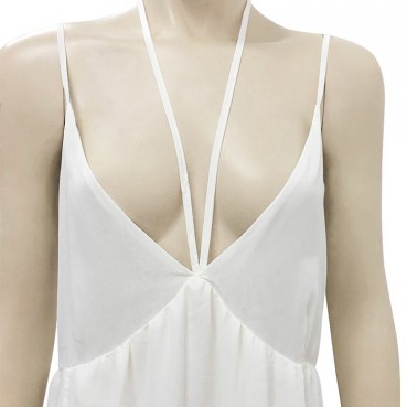 New white V-neck, low-cut, bifurcated hem, cross-strap dress on the back