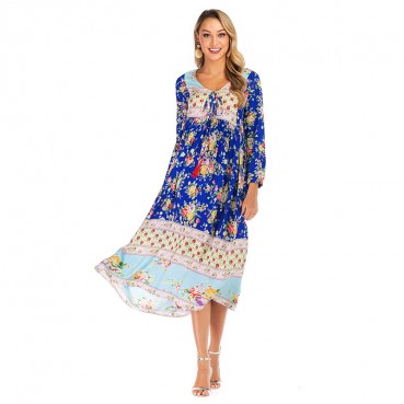 Spring and summer new women's dress with bohemian beach holiday style pleated print dress