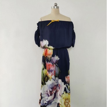 New printed one-shoulder elastic waist five-point sleeve long dress for women