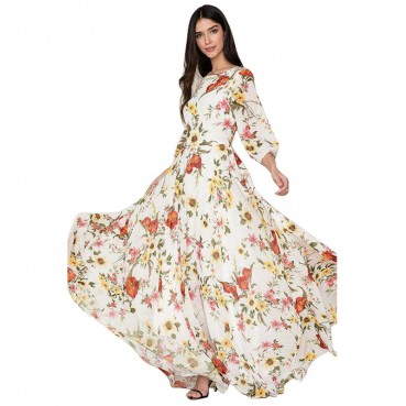 Spring and Autumn Women's New Style Bohemian Printed Chiffon Long Skirt Round Neck Sleeve Large Sleeve Waist Waist Dress