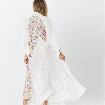 Spring and summer new positioning printing holiday bohemian V-neck three-quarter sleeves big swing dress