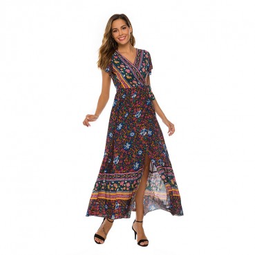 European and American spring and summer dress sexy V-neck bohemian cardigan waist printed female dress