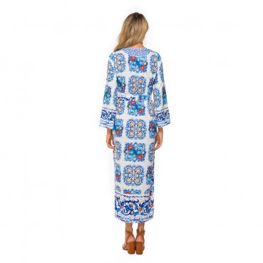 Bohemian Beach Dress European and American Women's Blue and White Porcelain Evening Dress Printed Dress