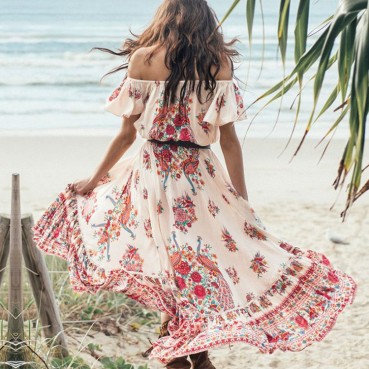 New bohemian print one-shoulder fringed short-sleeved dress long skirt