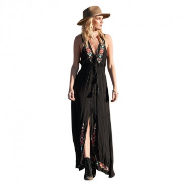 Bohemian European and American spring and summer new lace-up V-neck embroidered sleeveless holiday dress