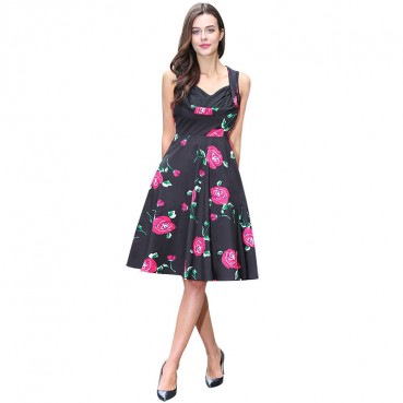 Summer European and American Hepburn style rose print v-neck wrap chest sleeveless pleated skirt dress