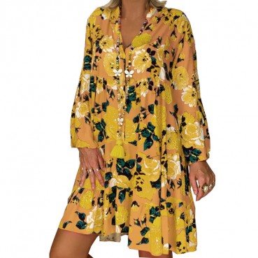 New style printed long-sleeved large-length dress European and American women's fashion plus size dress