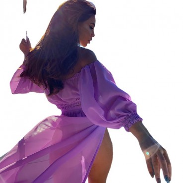 European and American long-sleeved beach dress two-piece solid color beach veil long dress holiday new style
