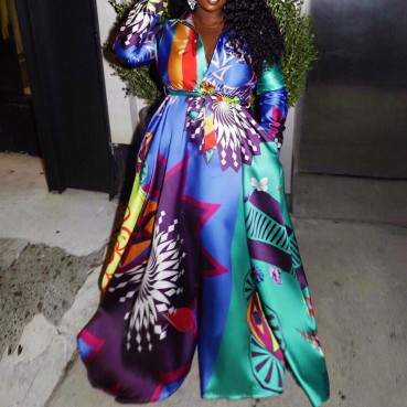 Large size European and American digital print dress with big swing and long skirt with belt