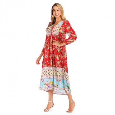 Spring and summer new women's dress with bohemian beach holiday style pleated print dress