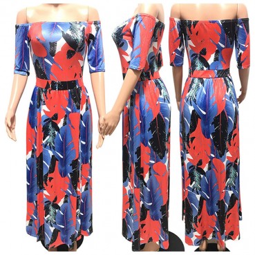 Hot selling European and American fashion color feather print long slit dress 4 colors available