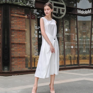 European and American Bohemian solid color stretch ramie sleeveless loose-fitting long dress