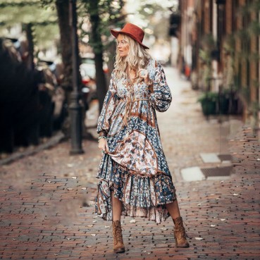 European and American spring and summer new bohemian irregular printing stitching retro big pleated pleated women's dress