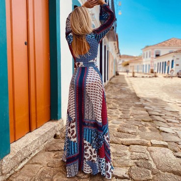 European and American women's 2021 new temperament dress open back printed bohemian skirt