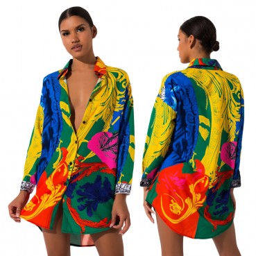 European and American long-sleeved printed shirts, mid-length loose blouses, irregular hem blouses