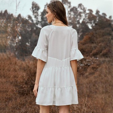 New year's new solid color stitching ruffled fringed neckline lace flared sleeve dress MP-642
