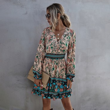 European and American women's high waist ruffled A-line skirt casual temperament bohemian print dress
