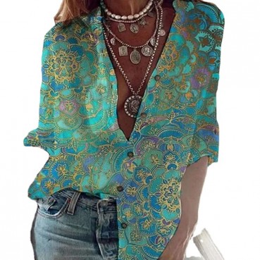 Independent station new 2021 spring and summer floral lapel long-sleeved women's shirt MP-678