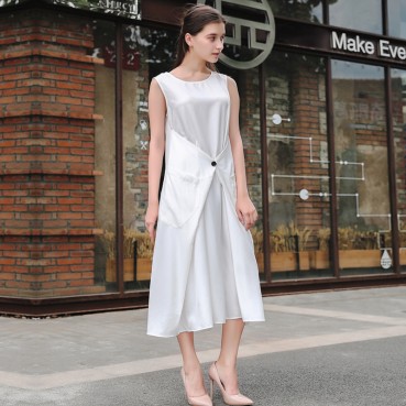 European and American Bohemian solid color stretch ramie sleeveless loose-fitting long dress