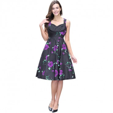 Summer European and American Hepburn style rose print v-neck wrap chest sleeveless pleated skirt dress