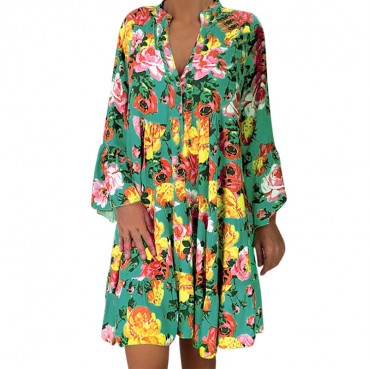 New style printed long-sleeved large-length dress European and American women's fashion plus size dress