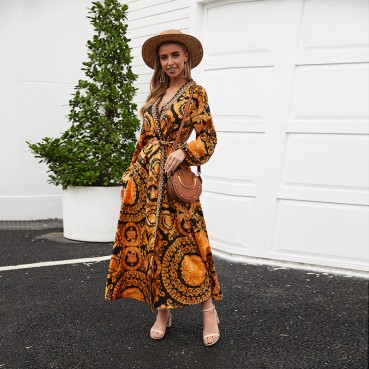 New bohemian beach sunscreen big put on women's long-sleeved dress nightgown skirt