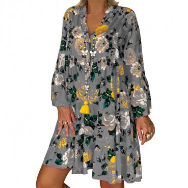 New style printed long-sleeved large-length dress European and American women's fashion plus size dress