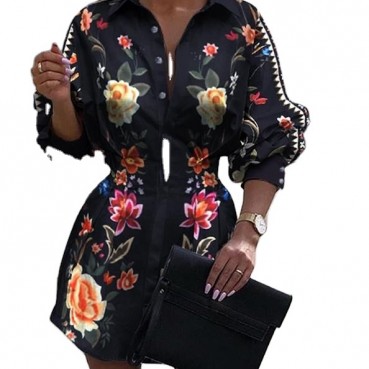 European and American new fashion printed waist shirt lantern sleeve shirt