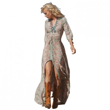 Summer new style European and American printing three-quarter sleeve elastic waist V-neck chiffon sexy female dress 137