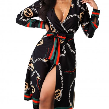 Europe and the United States hot sale new sexy baroque print waist slit dress
