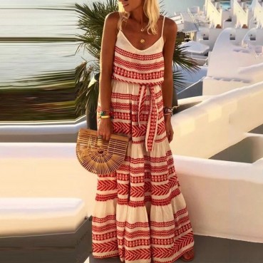European and American new style women's bohemian style deep V-neck printed beach holiday style suspender skirt