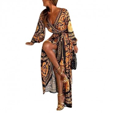 New European and American Bohemian V-neck Retro Positioning Flower Big Sleeve Long Sleeve Dress