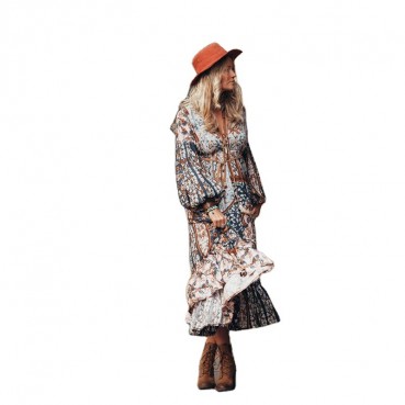 European and American spring and summer new bohemian irregular printing stitching retro big pleated pleated women's dress