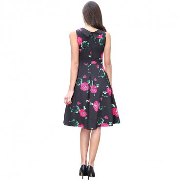 Summer European and American Hepburn style rose print v-neck wrap chest sleeveless pleated skirt dress