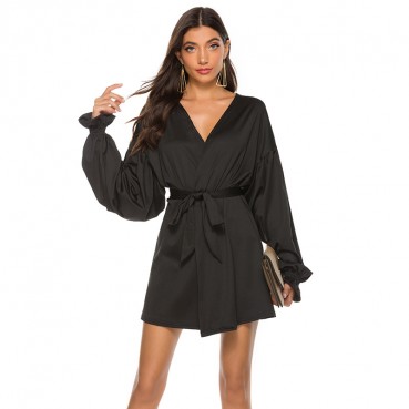 European and American sexy puff sleeve v-neck long-sleeved blouse lace dress for women