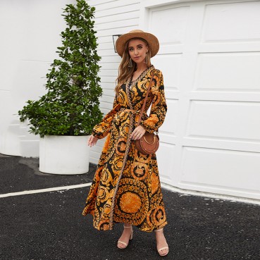 New bohemian beach sunscreen big put on women's long-sleeved dress nightgown skirt