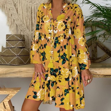New style printed long-sleeved large-length dress European and American women's fashion plus size dress