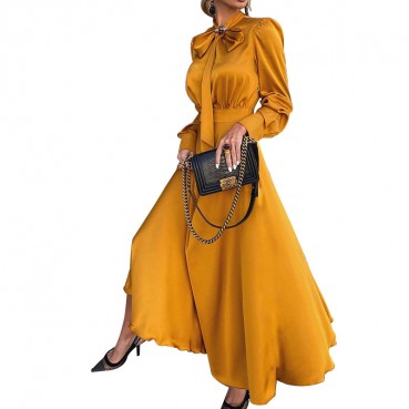 Early autumn women's pure color new European and American women's bowknot all-match long-sleeved temperament dress